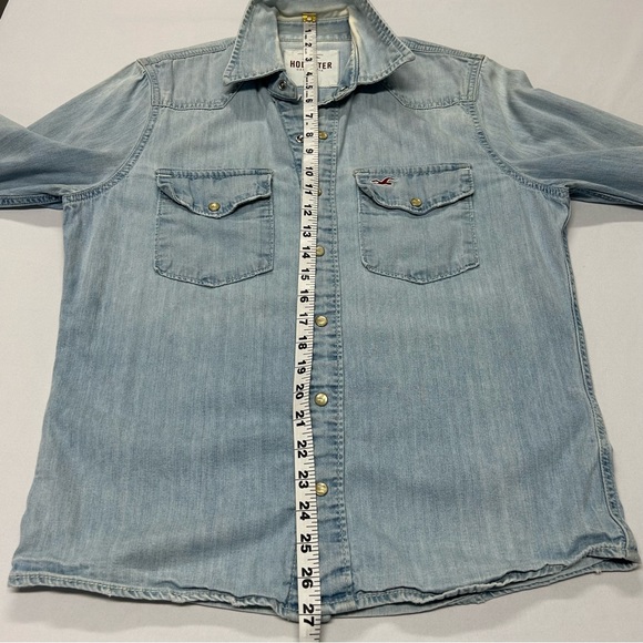 Hollister Womens Denim Pearl Snap Shirt Sz S Distressed Western Y2k - Picture 8 of 11
